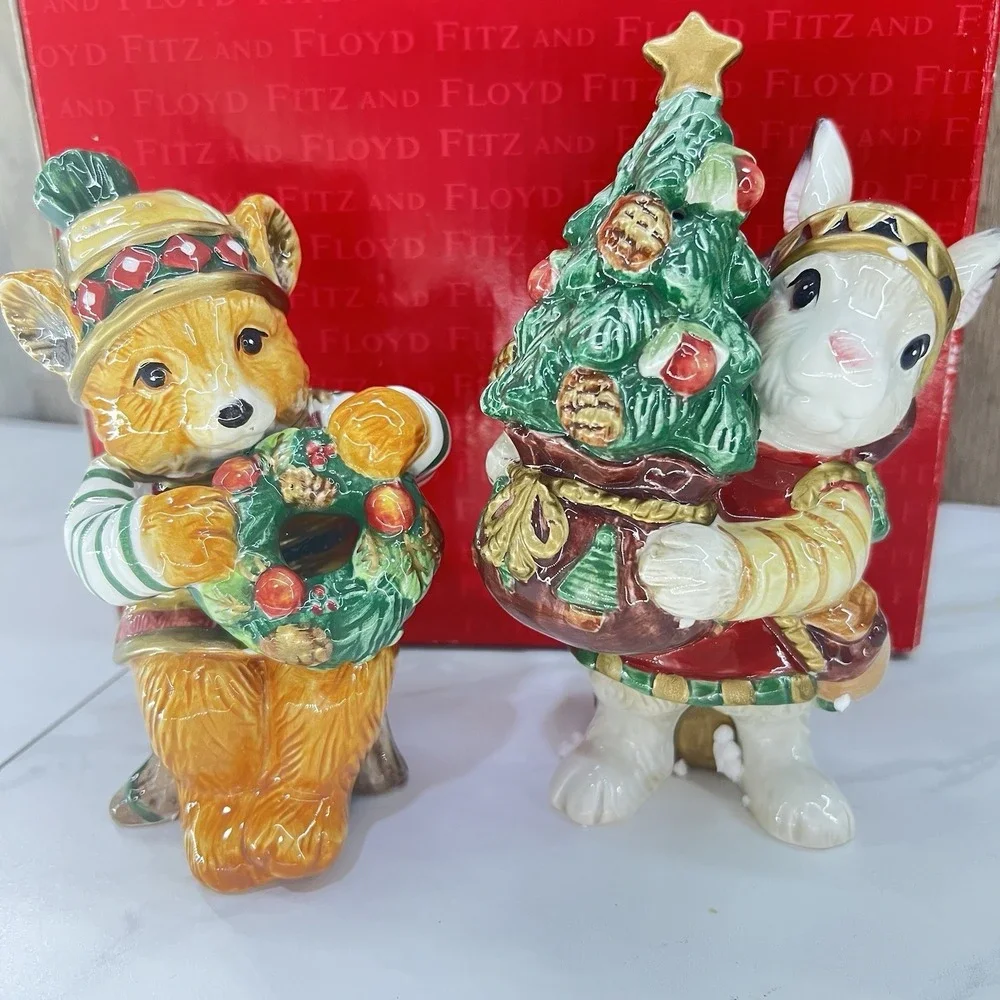 Vtg Fitz & Floyd Salt Pepper Shaker Christmas Lodge Bear Bunny Large 2001 W/ Box